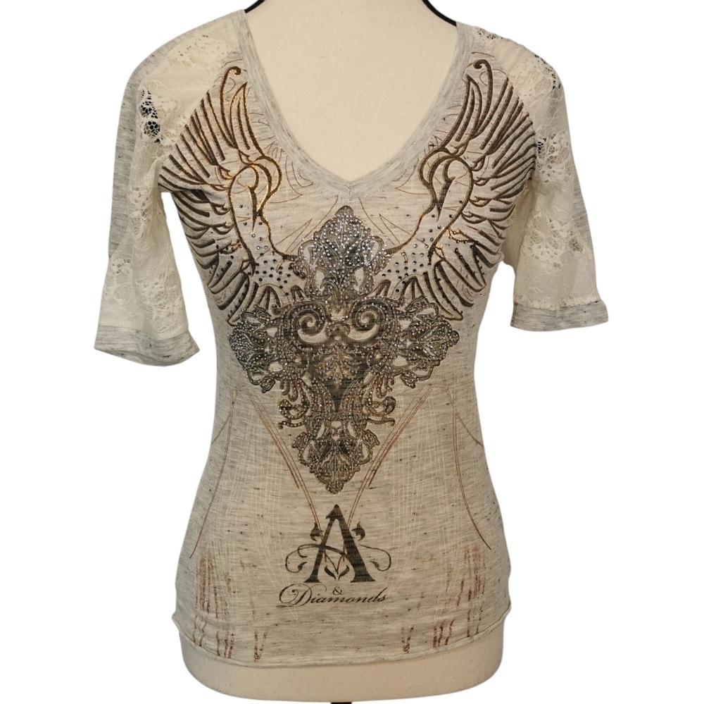 Angels & Diamonds Semi Sheer Rhinestone Wings Lacy Cream/Brown Tee - Sz XS